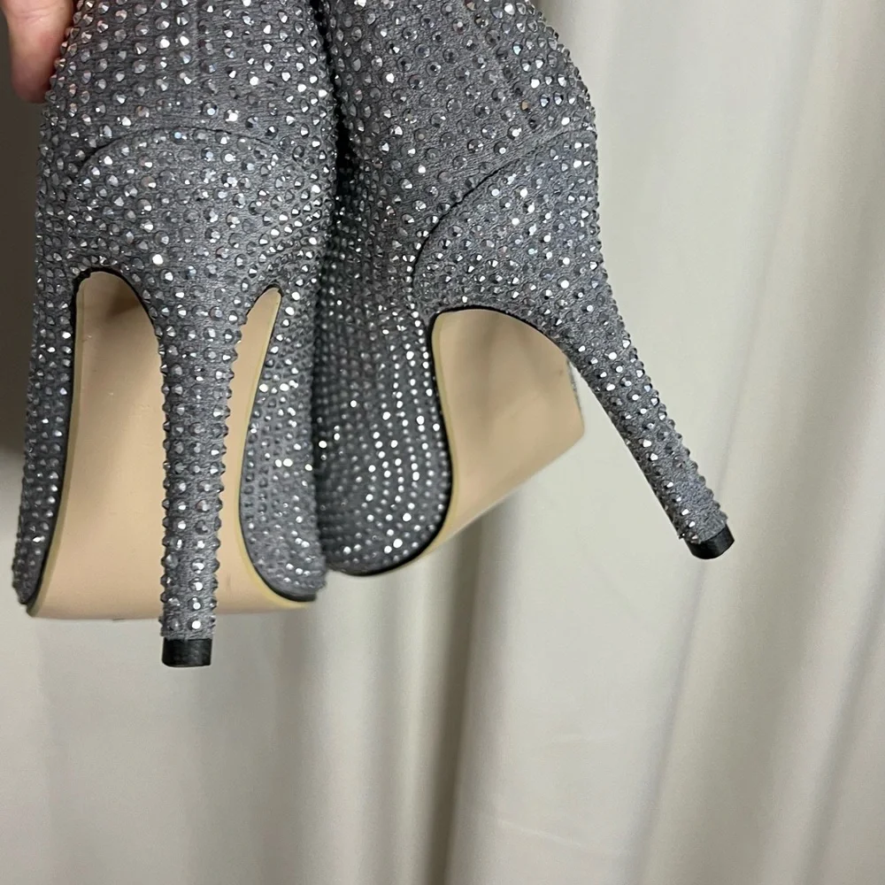 Silver Rhinestone Stiletto Women's Knee-High Boots - Picture 14 of 14